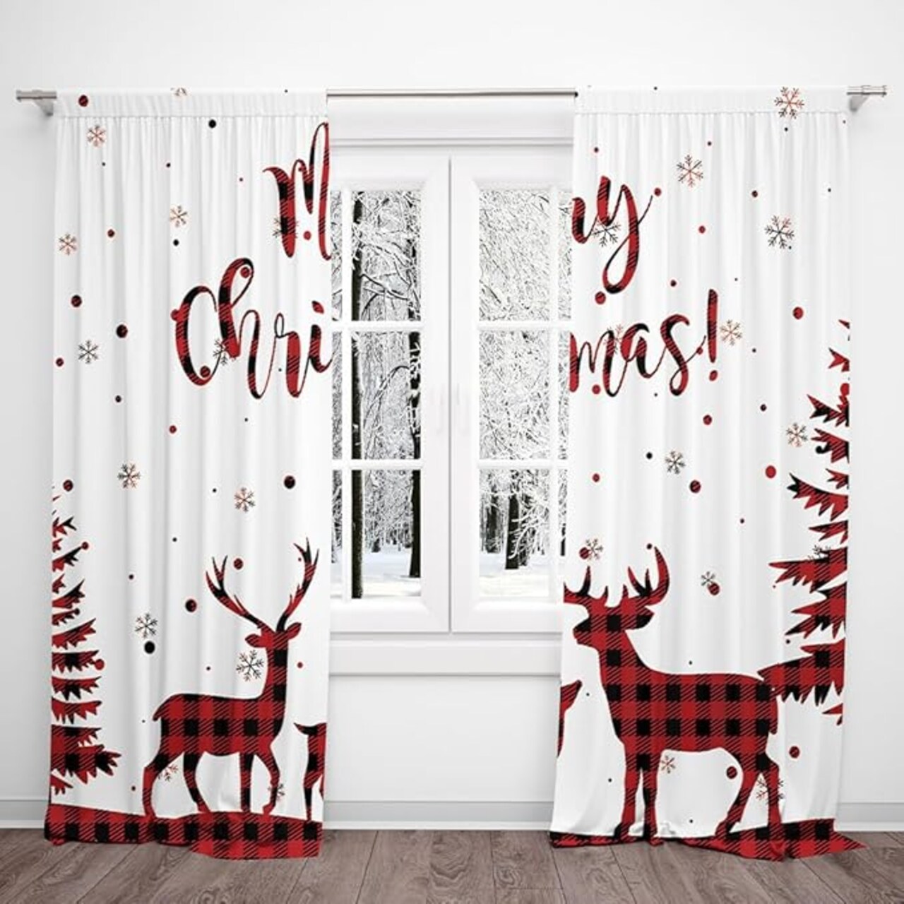 82 x 84 Inches Christmas Winter Curtain Snowflake Xmas Tree Red Check Fawn Theme Baby Bedroom Decoration Drapes 2 Panel